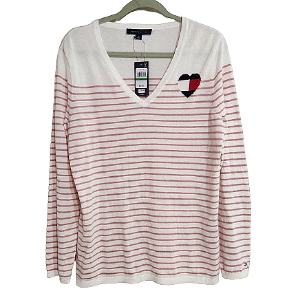NWT Tommy Hillfiger Pink White Stripe Cotton Sweater Large